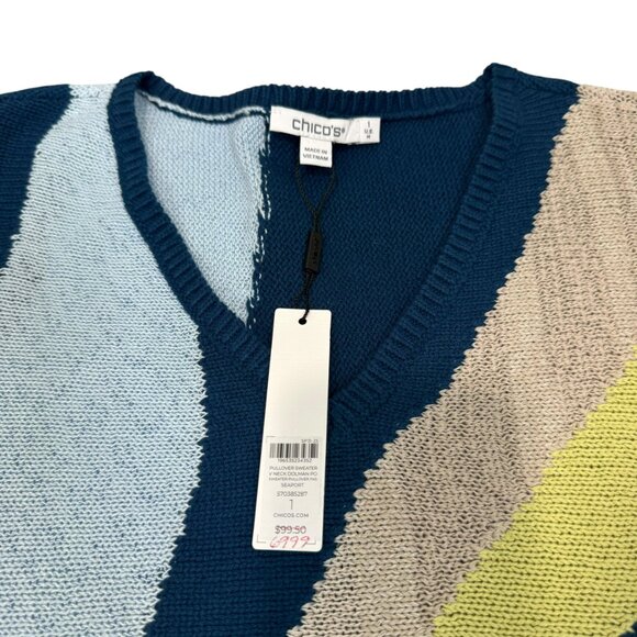 Chico’s Abstract Colorblock V-Neck Sweater Blue Multi NWT Size 1 (M/L) - Picture 5 of 6